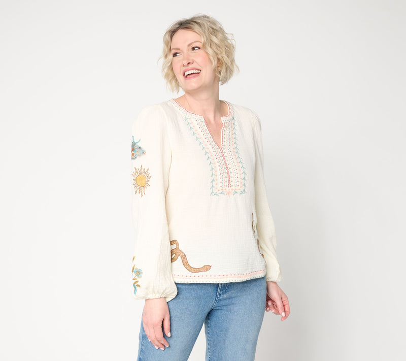 Driftwood Jeans Knit Boho Embroidered Long-Sleeve Top - Desert Yellow — View 3
