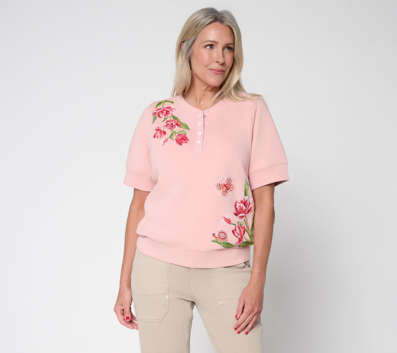 Driftwood Jeans Short Sleeve Henley Top - Twirly Tulips — View 3