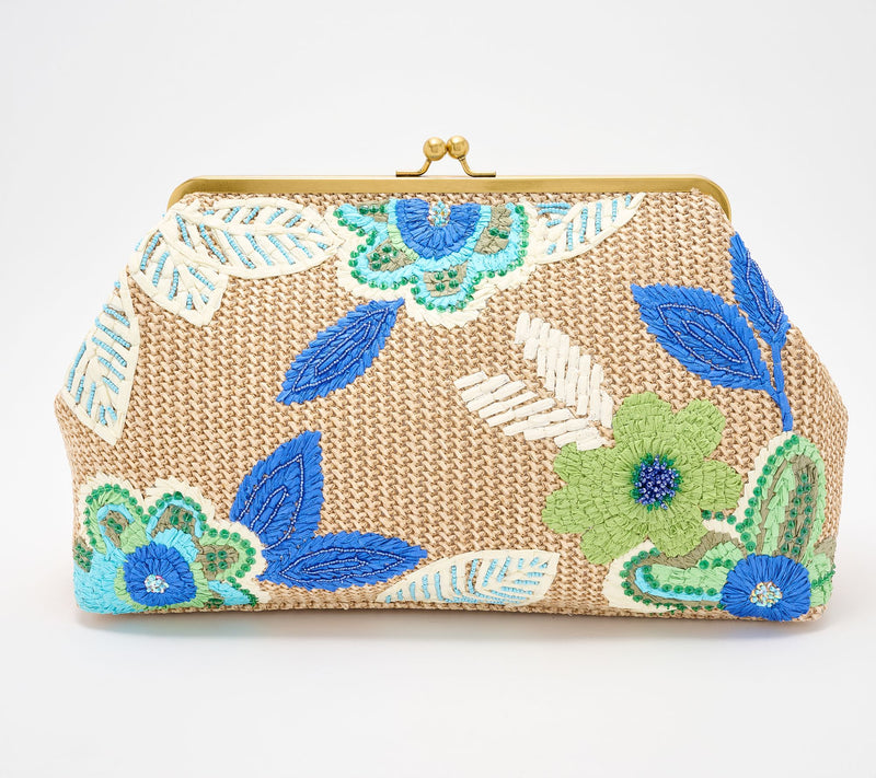 American Leather Co. Grace Embroidered Raffia Clutch — Main view