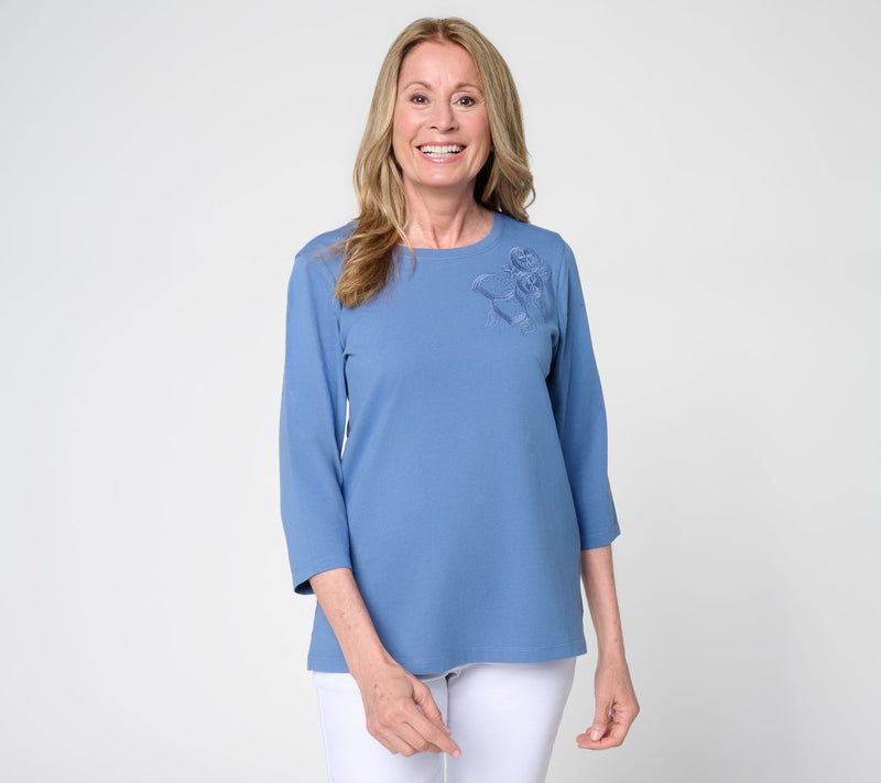 Denim & Co. 100% Cotton Round Neck 3/4 Sleeve Top w/ Embroidery — Main view