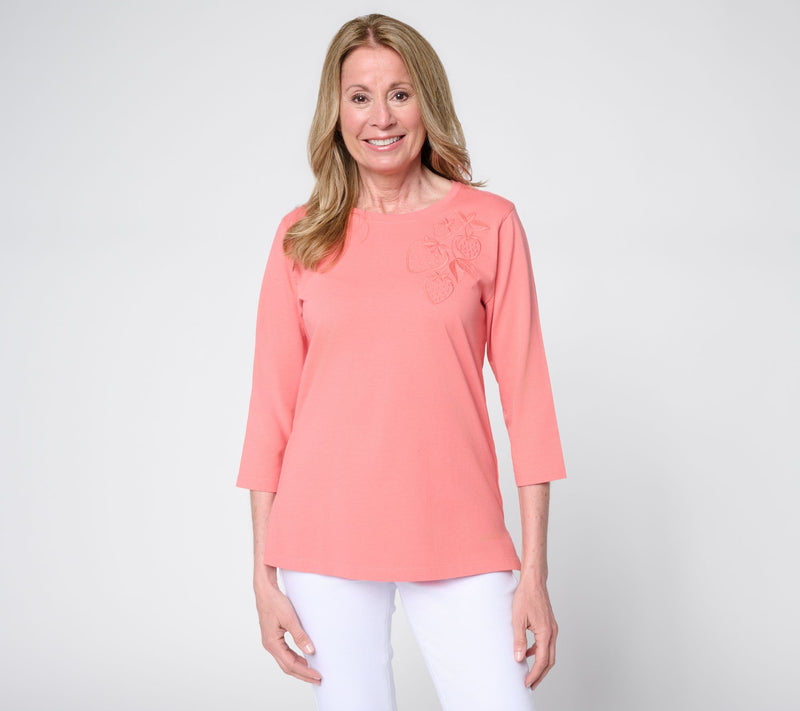 Denim & Co. 100% Cotton Round Neck 3/4 Sleeve Top w/ Embroidery — View 7