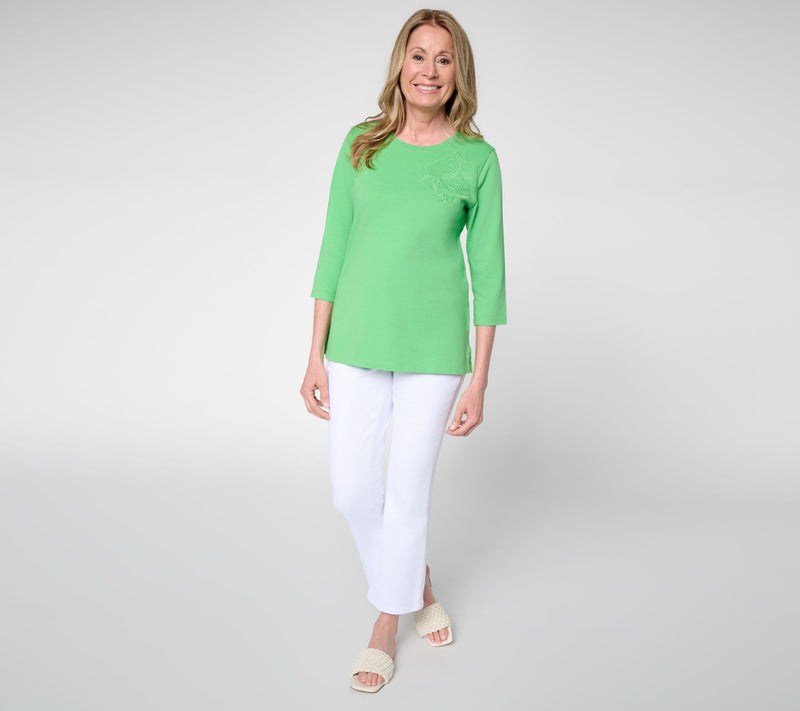 Denim & Co. 100% Cotton Round Neck 3/4 Sleeve Top w/ Embroidery — View 9