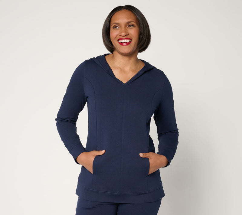 Denim & Co. Active French Terry V-Neck Hooded Pullover — Main view