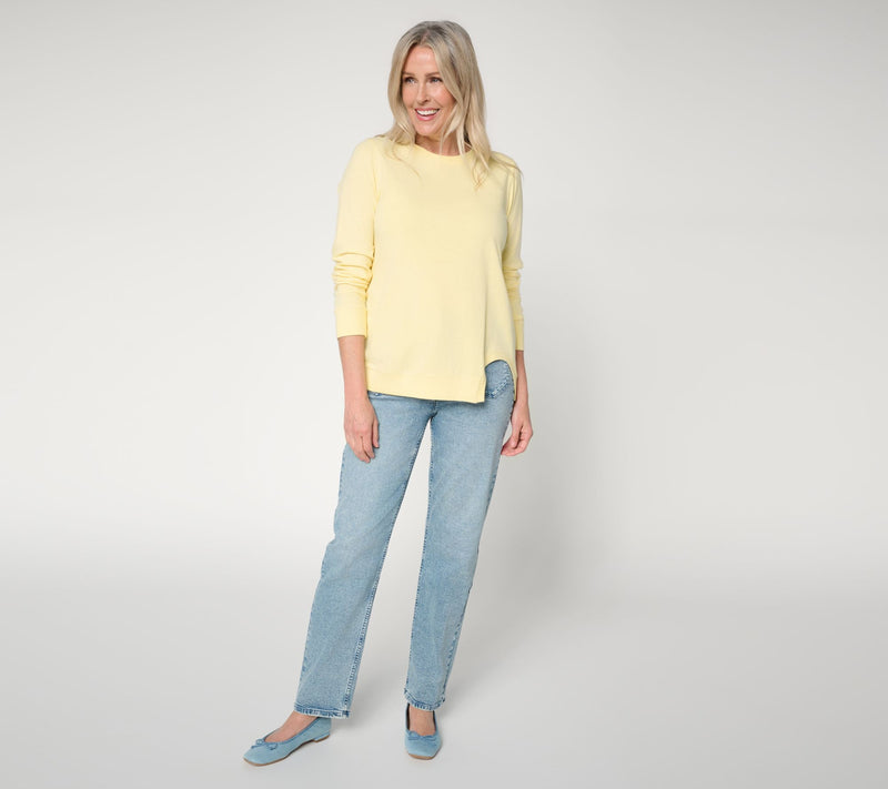 Peace Love World Crew Neck Tunic with Cutout Hem — View 12