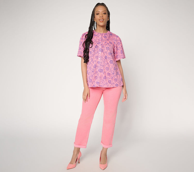 LOGO by Lori Goldstein Button Front Printed Cotton Blouse — View 8