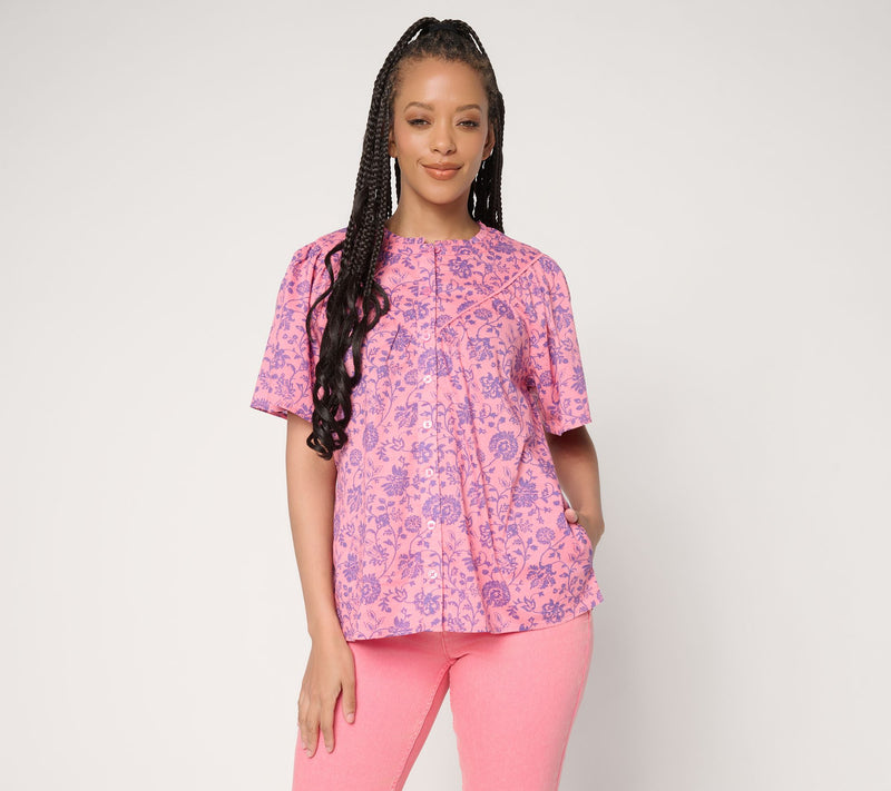LOGO by Lori Goldstein Button Front Printed Cotton Blouse — View 11