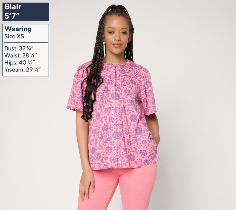 LOGO by Lori Goldstein Button Front Printed Cotton Blouse — View 6