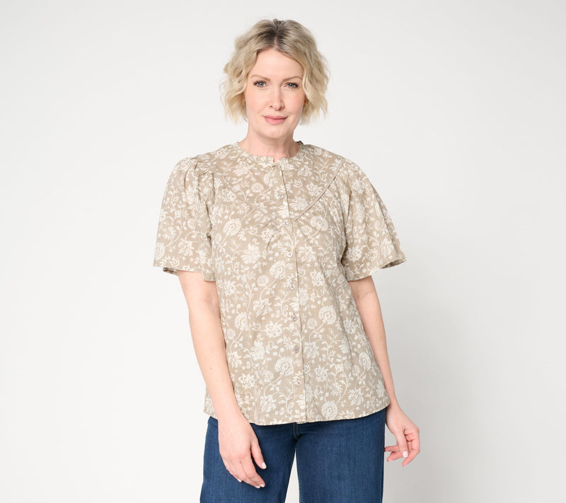 LOGO by Lori Goldstein Button Front Printed Cotton Blouse — View 4