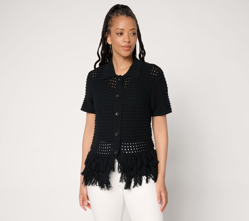 Dennis Basso Short Sleeve Cardigan With Fringe Detail — View 11