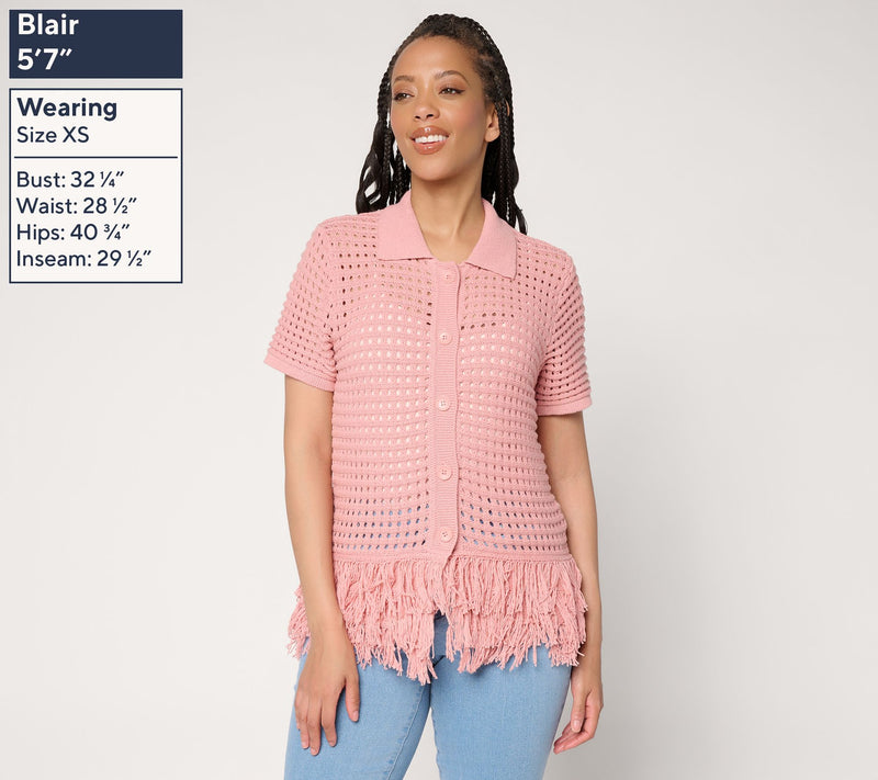 Dennis Basso Short Sleeve Cardigan With Fringe Detail — View 3