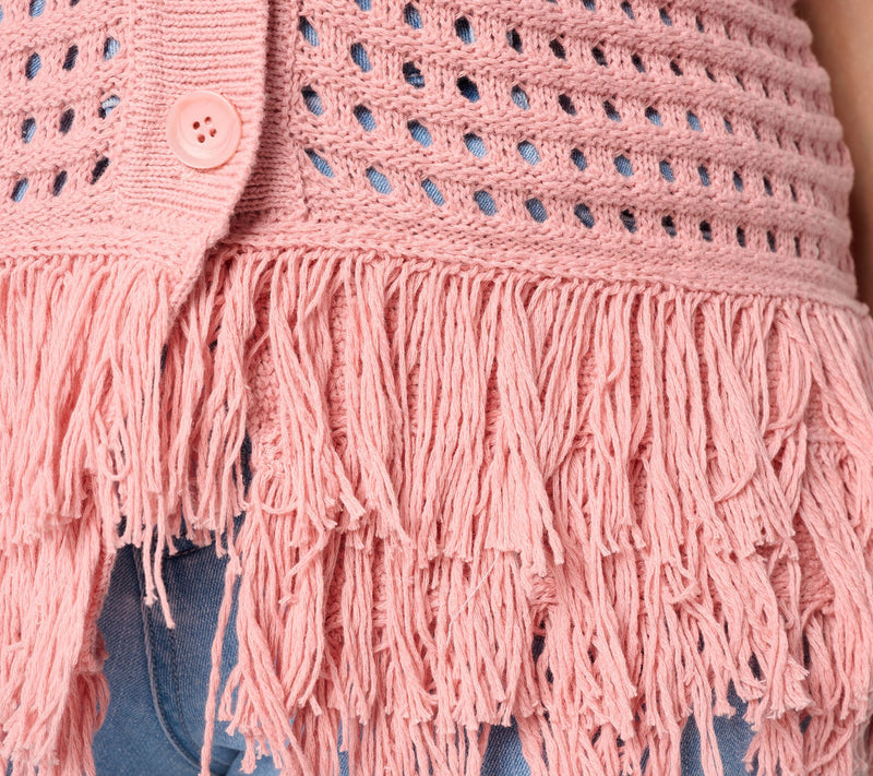 Dennis Basso Short Sleeve Cardigan With Fringe Detail — View 6