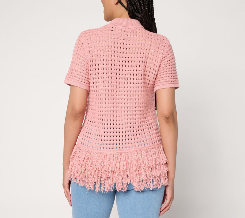 Dennis Basso Short Sleeve Cardigan With Fringe Detail — View 4