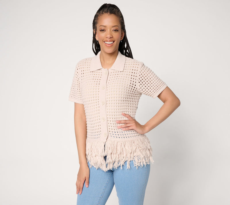 Dennis Basso Short Sleeve Cardigan With Fringe Detail — View 12