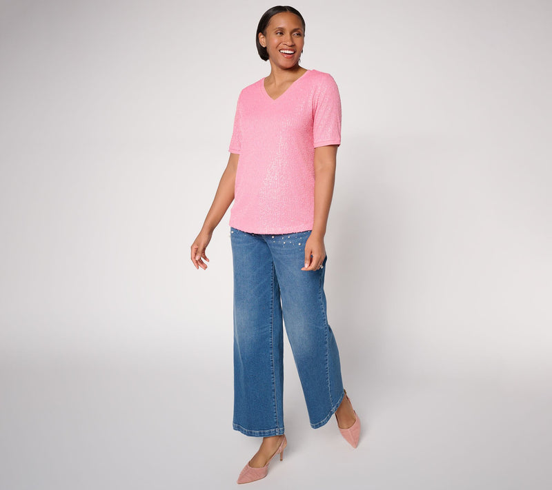 Dennis Basso Mesh Lined V-Neck Sequin Tee — View 5
