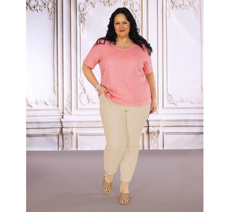 Dennis Basso Mesh Lined V-Neck Sequin Tee — View 8
