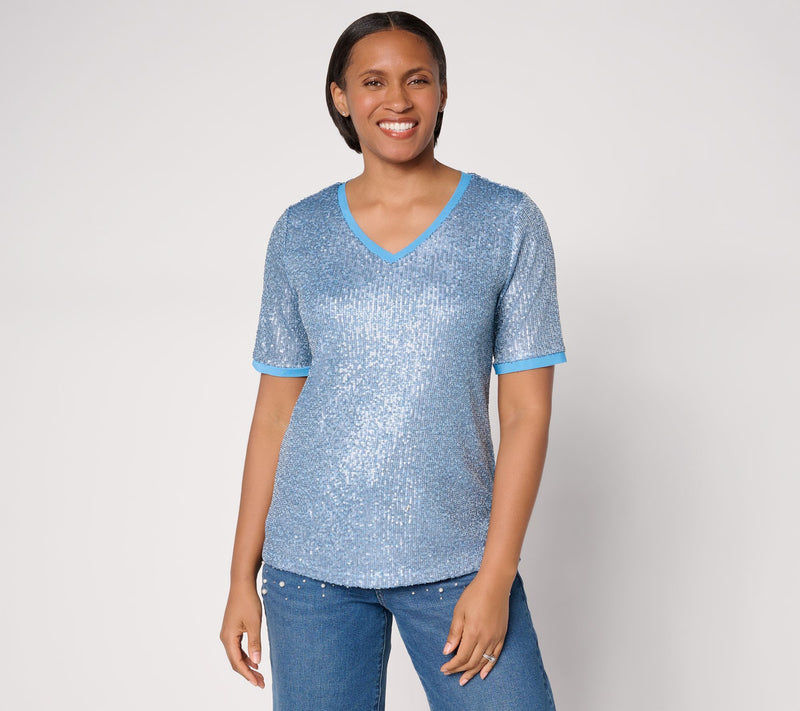 Dennis Basso Mesh Lined V-Neck Sequin Tee — View 13