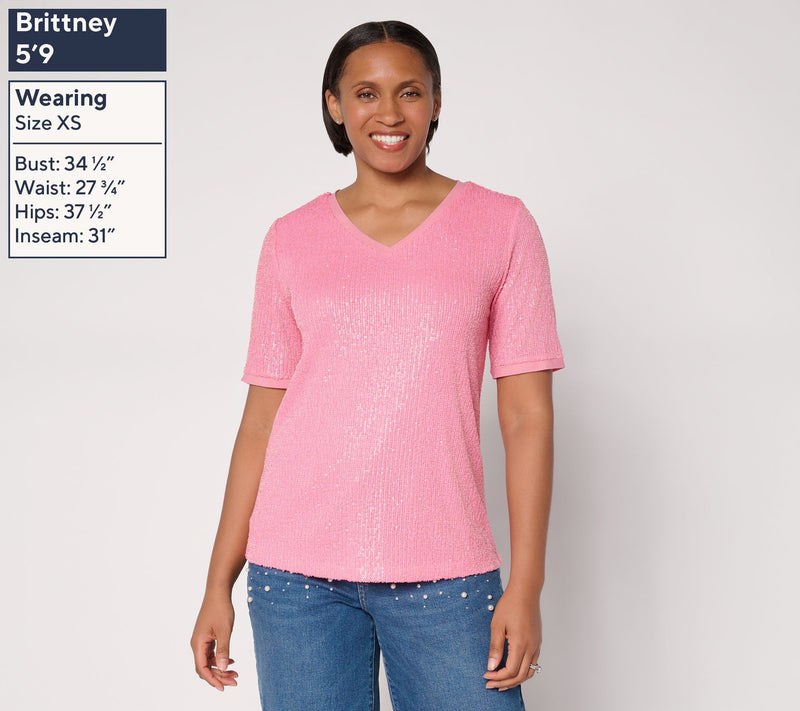 Dennis Basso Mesh Lined V-Neck Sequin Tee — View 3