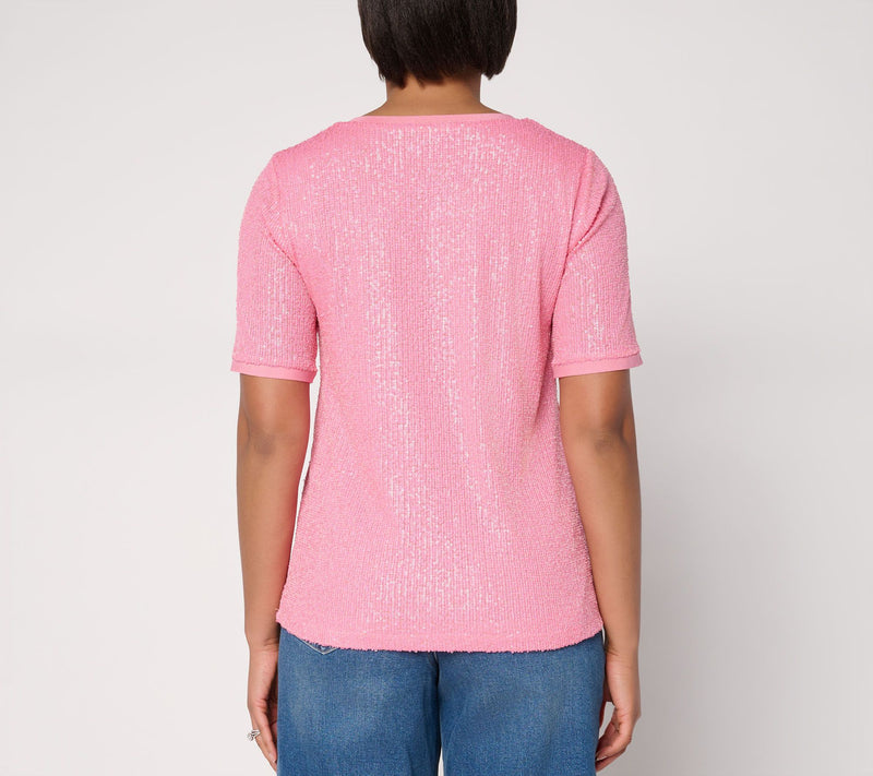 Dennis Basso Mesh Lined V-Neck Sequin Tee — View 4