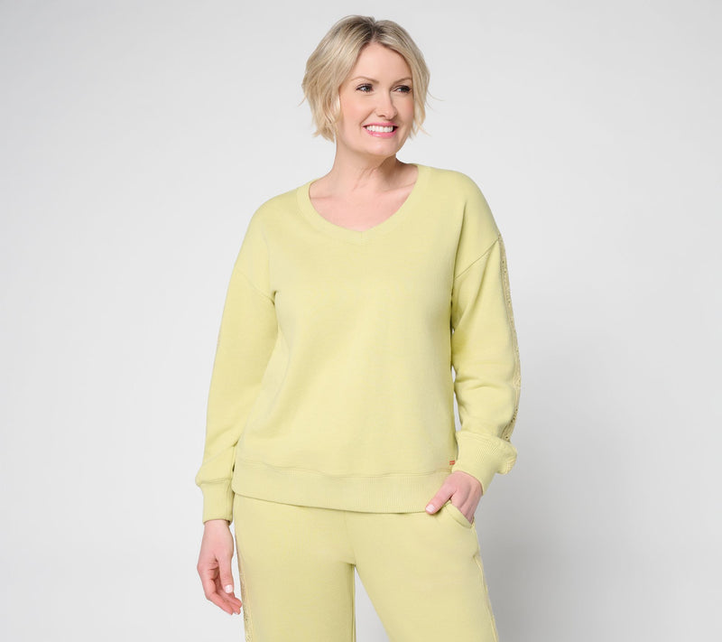 Peace Love World Boheme V-Neck Sweatshirt with Crochet Trim — View 5