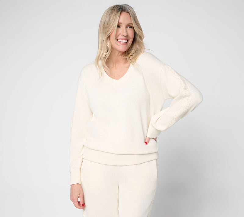 Peace Love World Boheme V-Neck Sweatshirt with Crochet Trim — View 7