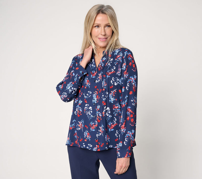 Joan Rivers Pintuck Split V Button-Front Georgette Blouse — View 18