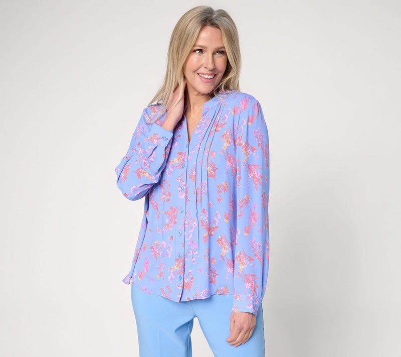 Joan Rivers Pintuck Split V Button-Front Georgette Blouse — View 19