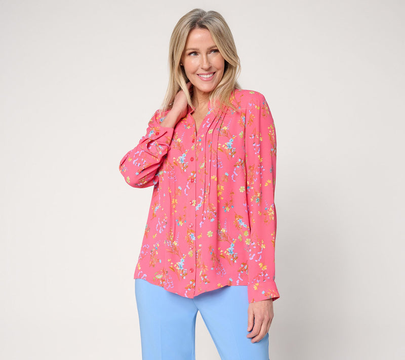 Joan Rivers Pintuck Split V Button-Front Georgette Blouse — View 3