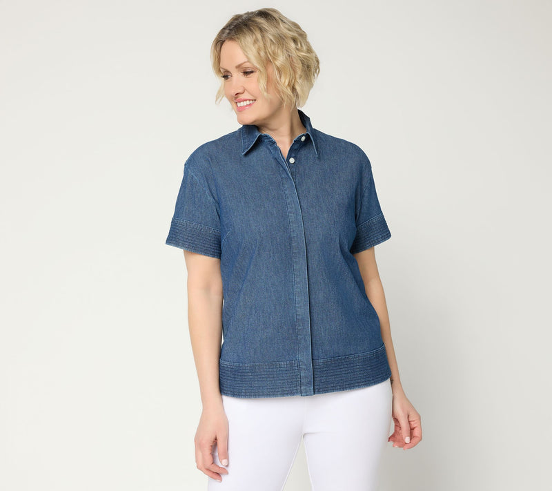 Susan Graver Shoreline Denim Short Sleeve Denim Shirt — View 12