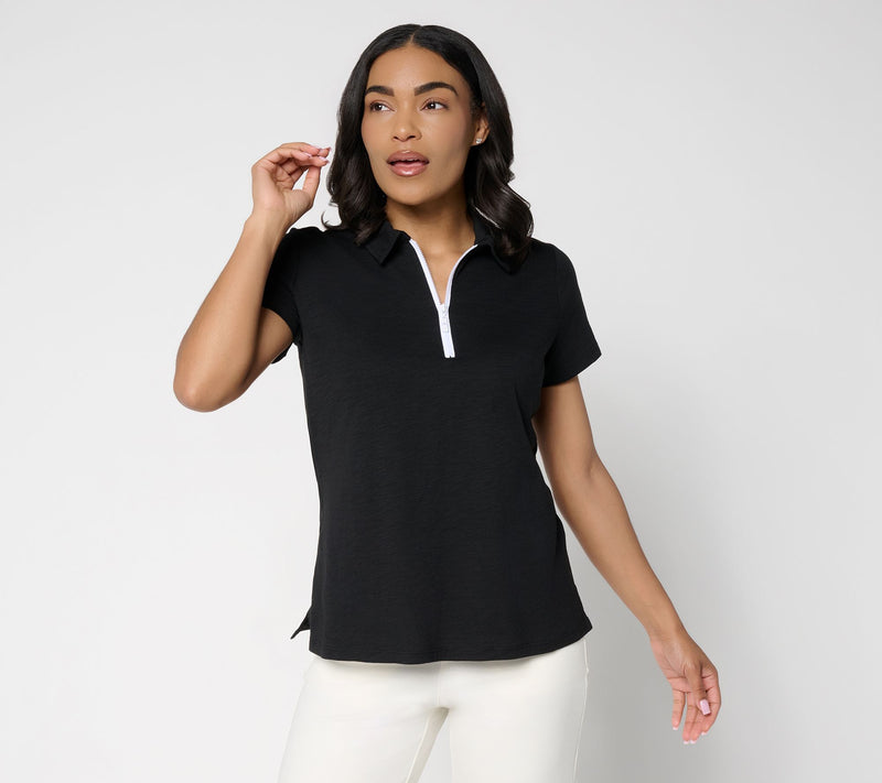 Belle by Kim Gravel Slub Knit Electric Pop Half Zip Polo — View 11