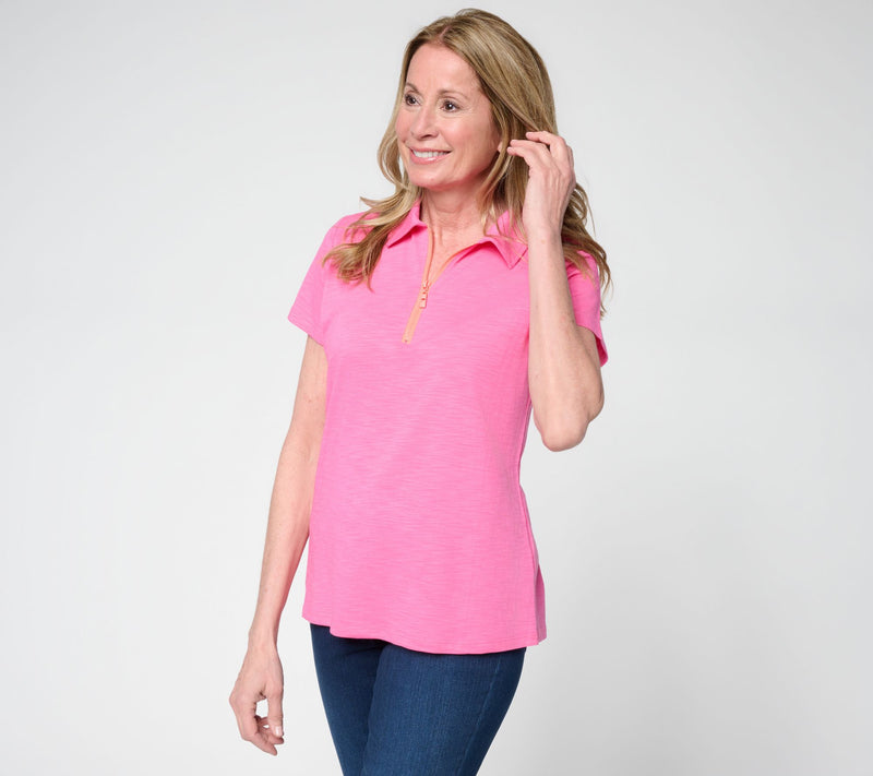 Belle by Kim Gravel Slub Knit Electric Pop Half Zip Polo — View 13