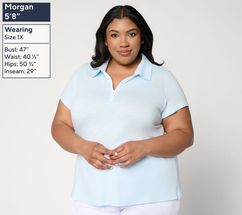 Belle by Kim Gravel Slub Knit Electric Pop Half Zip Polo — View 2