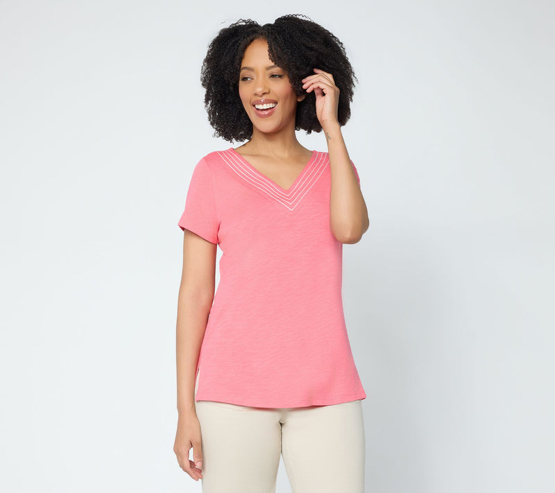 Belle by Kim Gravel Slub Knit Triple Stitch V Neck Top — Main view