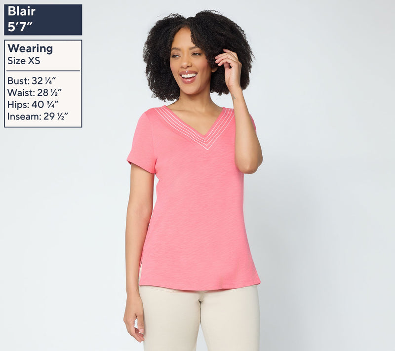 Belle by Kim Gravel Slub Knit Triple Stitch V Neck Top — View 3