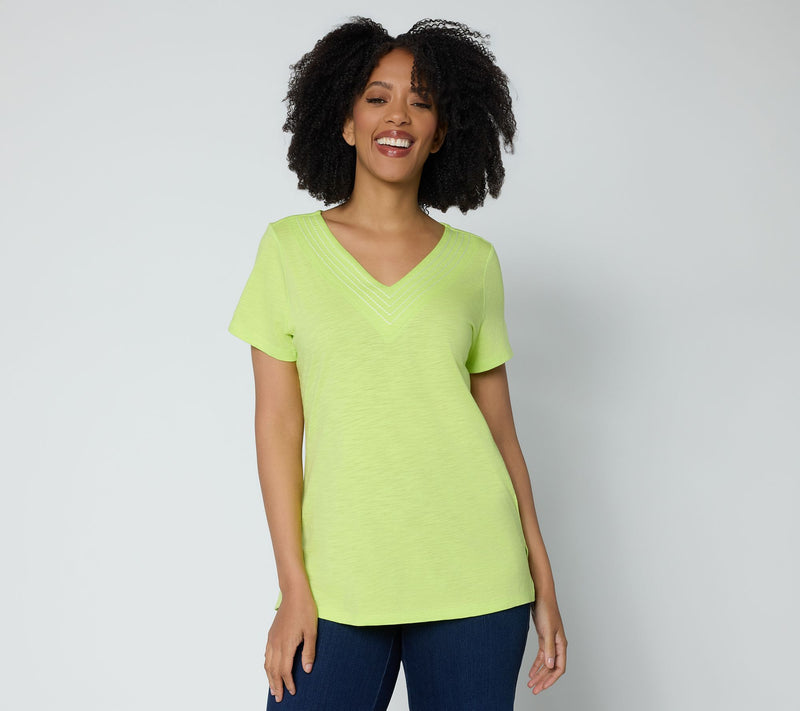 Belle by Kim Gravel Slub Knit Triple Stitch V Neck Top — View 12