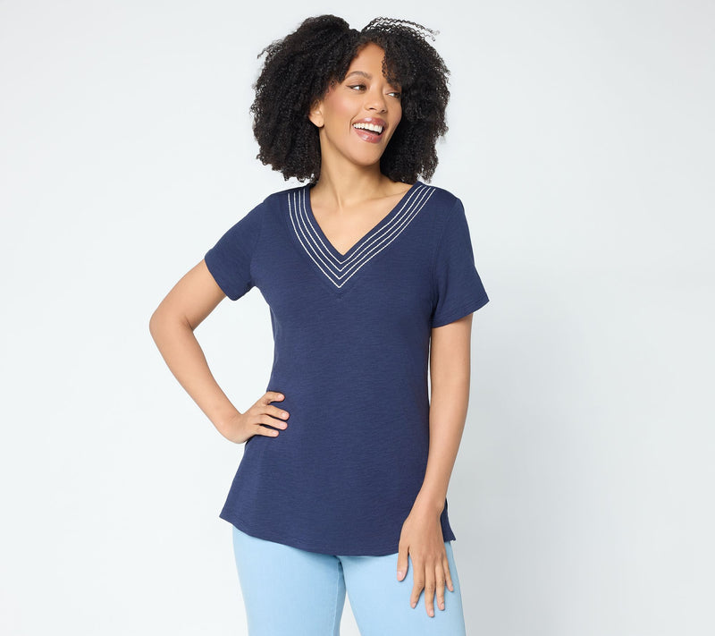 Belle by Kim Gravel Slub Knit Triple Stitch V Neck Top — View 13