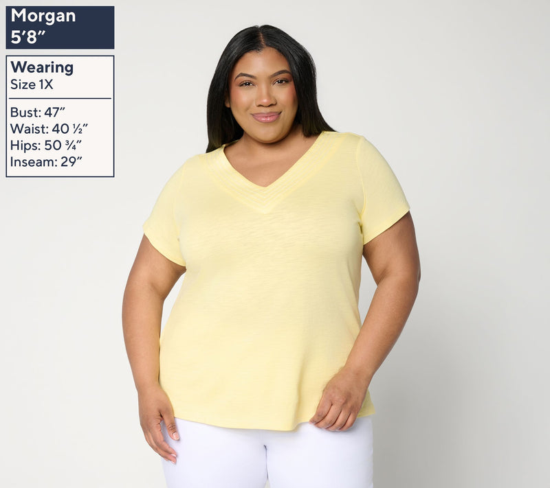 Belle by Kim Gravel Slub Knit Triple Stitch V Neck Top — View 2