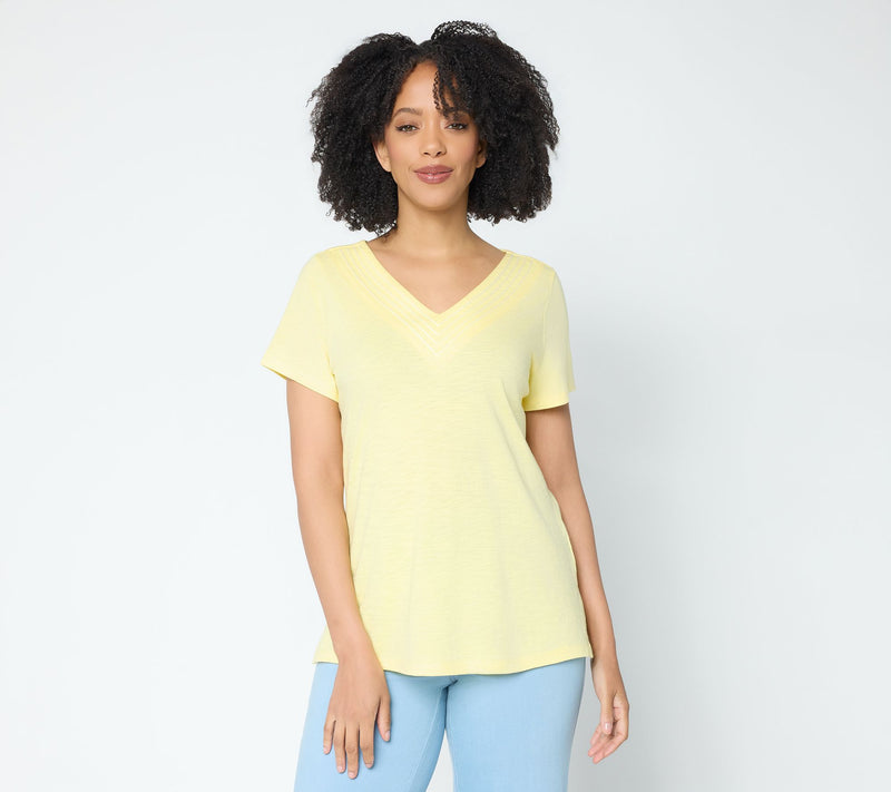 Belle by Kim Gravel Slub Knit Triple Stitch V Neck Top — View 14