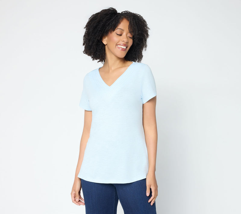 Belle by Kim Gravel Slub Knit Triple Stitch V Neck Top — View 15