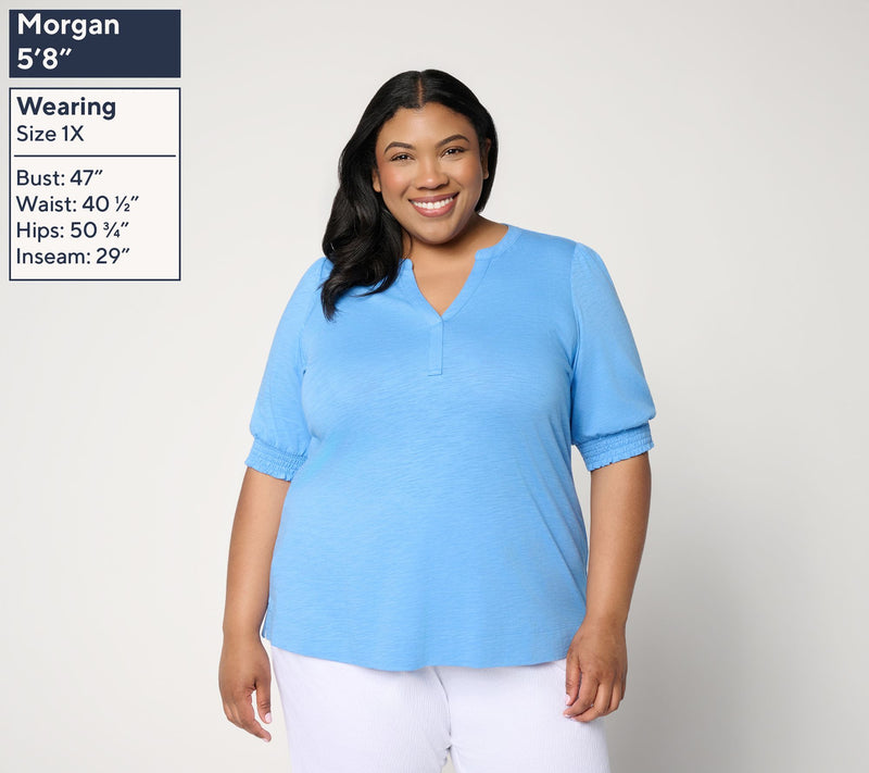 Belle by Kim Gravel Slub Knit Baby Blouson Elbow Sleeve Top — View 2
