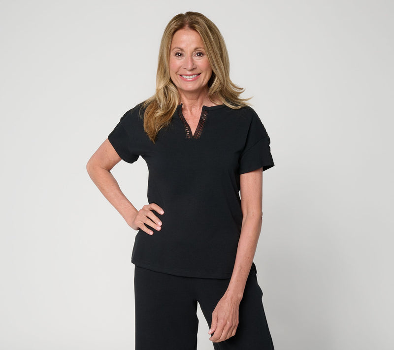 Cuddl Duds Cottonwear+ Lace Trim Split Neck Tee — View 12