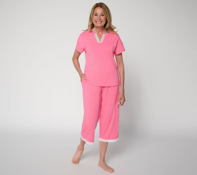 Cuddl Duds Cottonwear+ Lace Trim Split Neck Tee — View 5