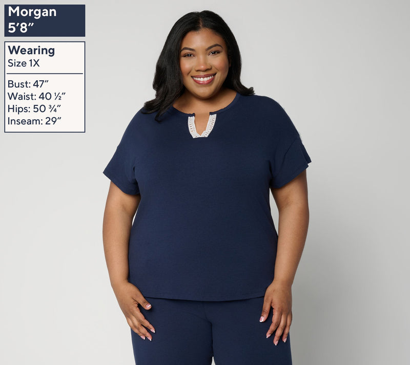 Cuddl Duds Cottonwear+ Lace Trim Split Neck Tee — View 2