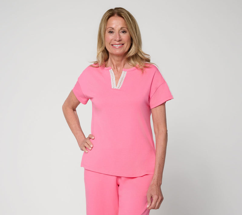 Cuddl Duds Cottonwear+ Lace Trim Split Neck Tee — View 15
