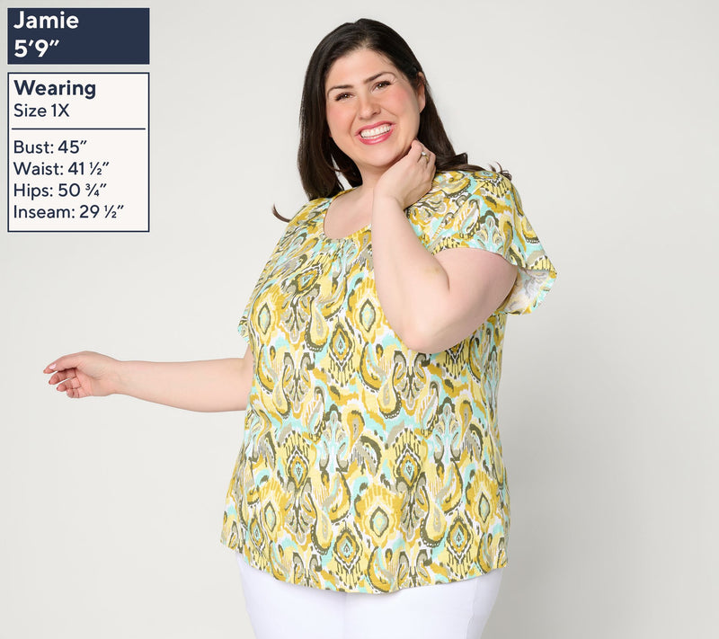 Denim & Co. Printed Linen Blend Flutter Sleeve Top — View 2