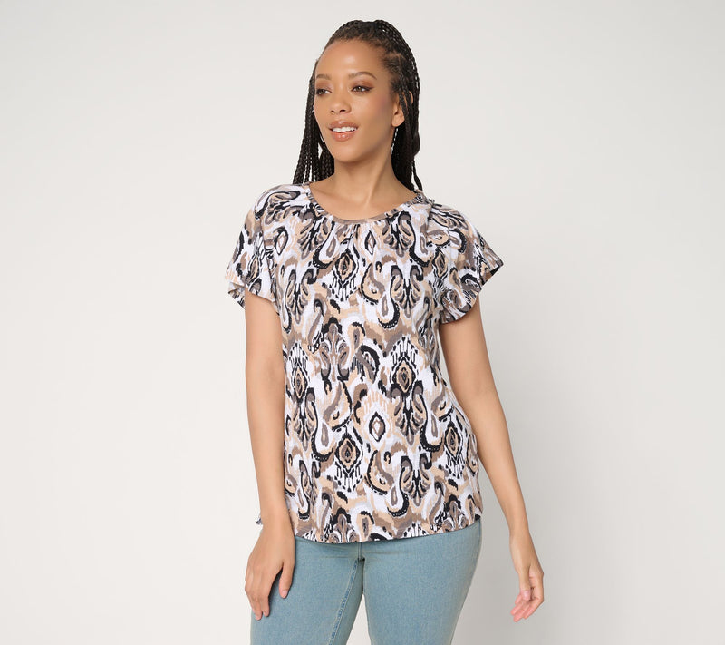 Denim & Co. Printed Linen Blend Flutter Sleeve Top — View 12
