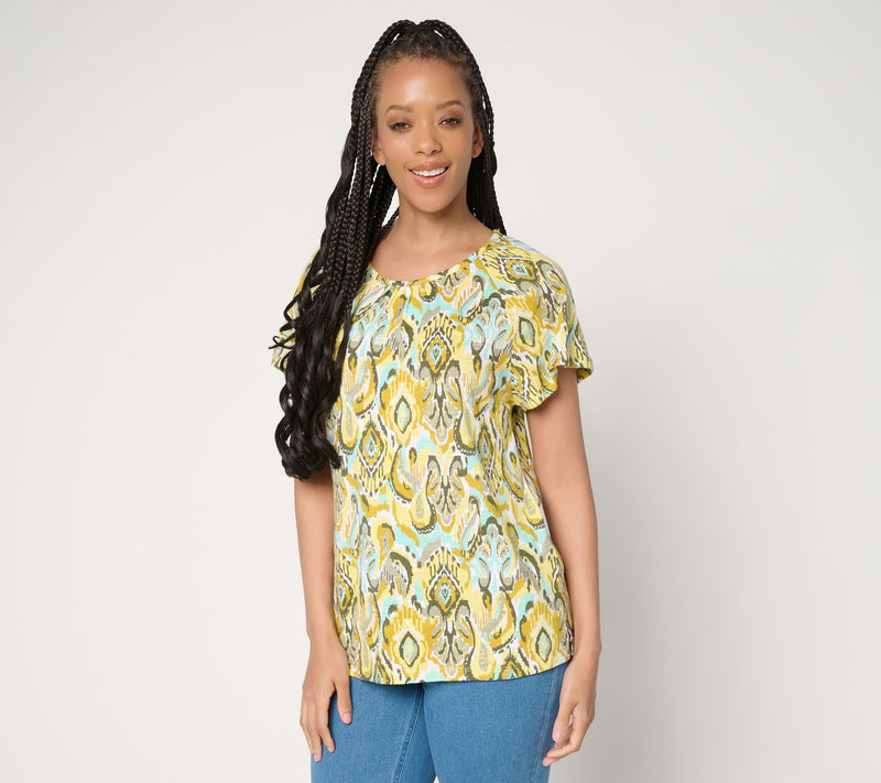 Denim & Co. Printed Linen Blend Flutter Sleeve Top — View 14