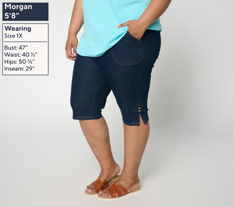 Denim & Co. Petite Indigo Flat Front Bermuda Shorts w/ Hem Detail — View 2