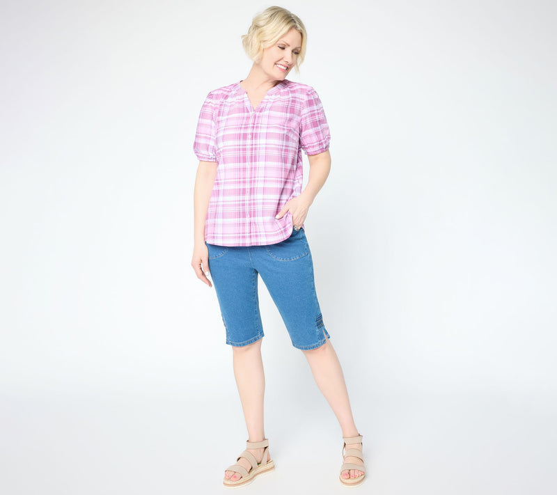 Denim & Co. Petite Indigo Flat Front Bermuda Shorts w/ Hem Detail — View 5