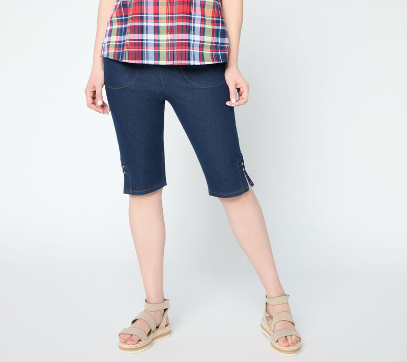 Denim & Co. Petite Indigo Flat Front Bermuda Shorts w/ Hem Detail — View 10