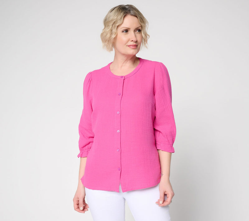 Denim & Co. Beach  Gauze Button Front 3/4 Sleeve Top — Main view